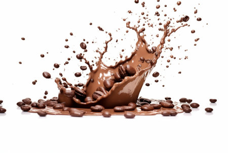 coffee chocolate splash with coffee beans isolated on white background. generative aiの素材