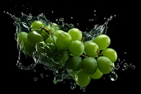 green grapes with water splash isolated black background. generative aiの素材