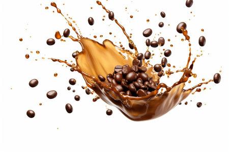 coffee chocolate splash with coffee beans isolated on white background. generative aiの素材