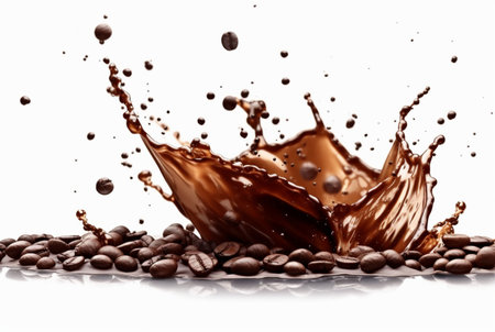 coffee chocolate splash with coffee beans isolated on white background. generative aiの素材