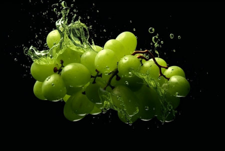green grapes with water splash isolated black background. generative aiの素材