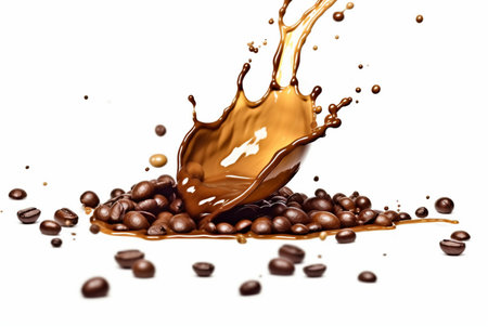 coffee chocolate splash with coffee beans isolated on white background. generative aiの素材