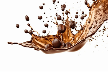 coffee chocolate splash with coffee beans isolated on white background. generative aiの素材