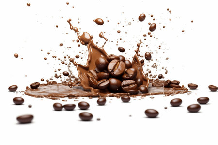 coffee chocolate splash with coffee beans isolated on white background. generative aiの素材