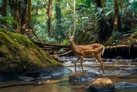 tropical stream and sika deer. generative aiの素材