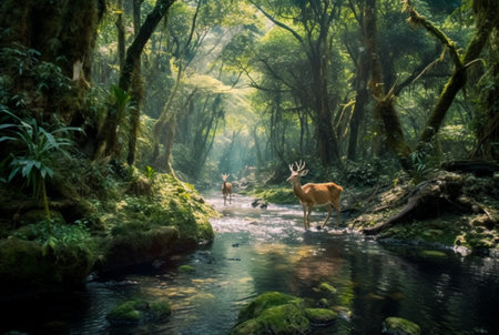 tropical stream and sika deer. generative aiの素材