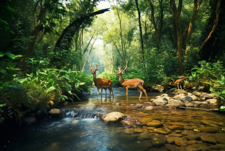 tropical stream and sika deer. generative aiの素材