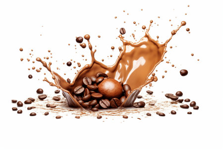 coffee chocolate splash with coffee beans isolated on white background. generative aiの素材
