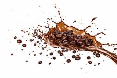 coffee chocolate splash with coffee beans isolated on white background. generative aiの素材