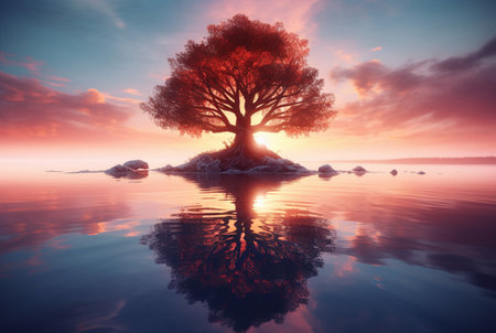 one tree in the middle of water with reflection. generative aiの素材