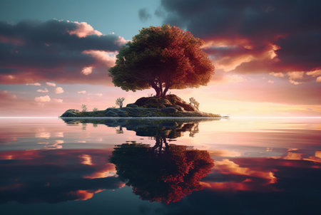 one tree in the middle of water with reflection. generative aiの素材