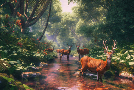 tropical stream and sika deer. generative aiの素材