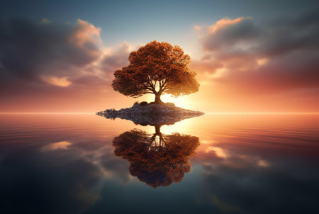 one tree in the middle of water with reflection. generative aiの素材