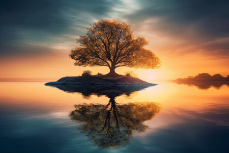 one tree in the middle of water with reflection. generative aiの素材