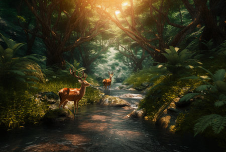 tropical stream and sika deer. generative aiの素材