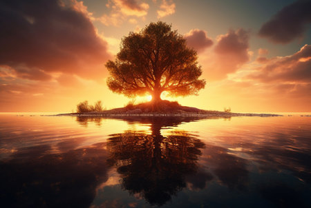 one tree in the middle of water with reflection. generative aiの素材