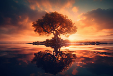 one tree in the middle of water with reflection. generative aiの素材
