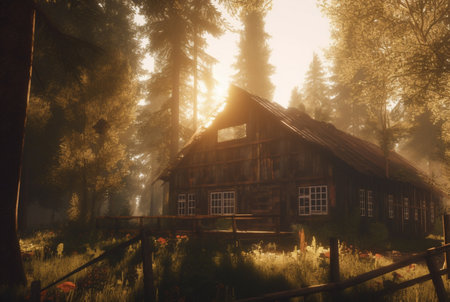 wooden house in the middle of the forest surrounded by trees. generative aiの素材