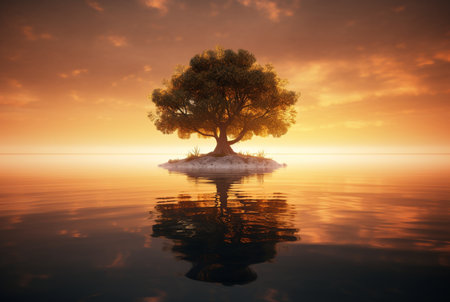 one tree in the middle of water with reflection. generative aiの素材