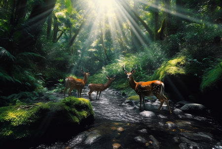 tropical stream and sika deer. generative aiの素材
