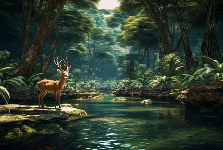 tropical stream and sika deer. generative aiの素材