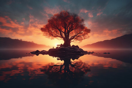 one tree in the middle of water with reflection. generative aiの素材