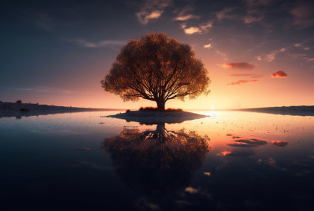 one tree in the middle of water with reflection. generative aiの素材