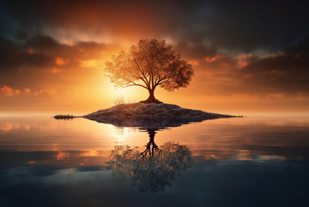 one tree in the middle of water with reflection. generative aiの素材