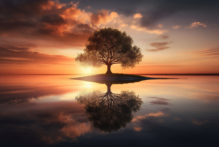 one tree in the middle of water with reflection. generative aiの素材