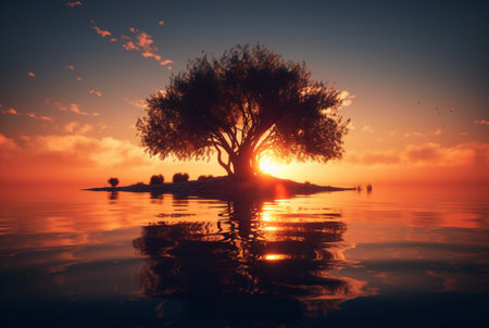 one tree in the middle of water with reflection. generative aiの素材