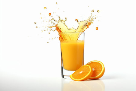 glass of orange juice with water splash isolated on white background. generative aiの素材