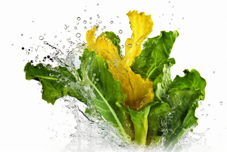 mustard greens with water splash isolated on white background. generative aiの素材
