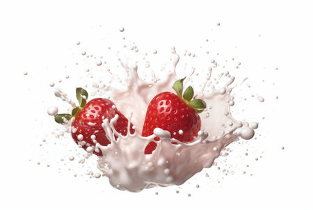 splash of milk or yogurt with strawberries isolated on white background. generative aiの素材