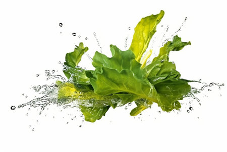 mustard greens with water splash isolated on white background. generative aiの素材