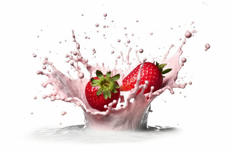 splash of milk or yogurt with strawberries isolated on white background. generative aiの素材