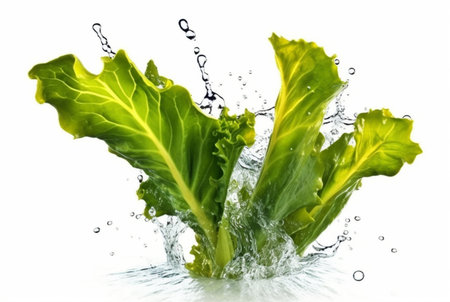 mustard greens with water splash isolated on white background. generative aiの素材