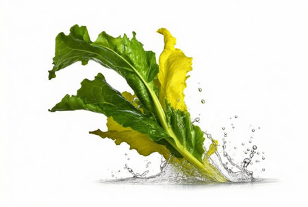 mustard greens with water splash isolated on white background. generative aiの素材