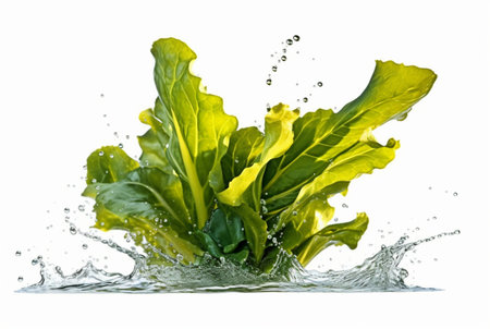 mustard greens with water splash isolated on white background. generative aiの素材