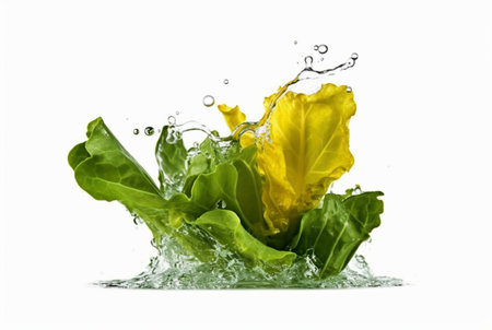 mustard greens with water splash isolated on white background. generative aiの素材