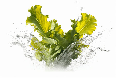 mustard greens with water splash isolated on white background. generative aiの素材