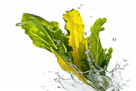 mustard greens with water splash isolated on white background. generative aiの素材