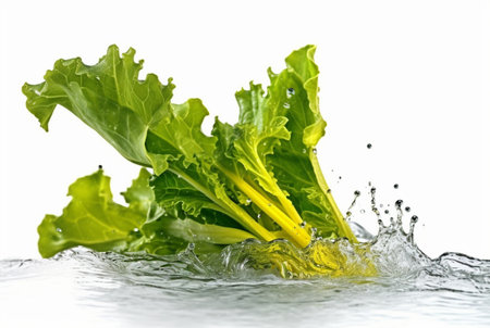 mustard greens with water splash isolated on white background. generative aiの素材