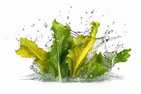 mustard greens with water splash isolated on white background. generative aiの素材