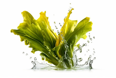 mustard greens with water splash isolated on white background. generative aiの素材
