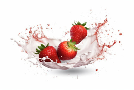 splash of milk or yogurt with strawberries isolated on white background. generative aiの素材