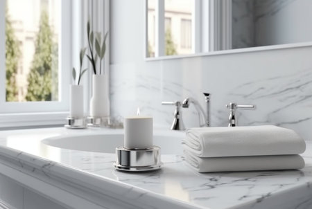 Elegant white bathroom interior with white marble. generative aiの素材