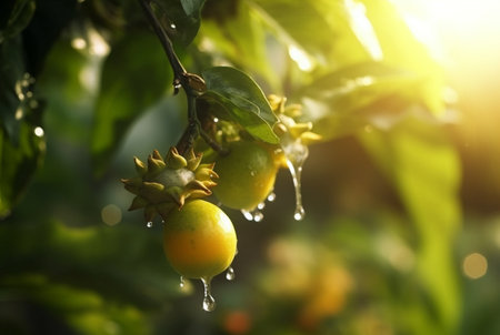 passion fruit on tree with blurred background and sunlight. generative aiの素材