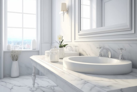 Elegant white bathroom interior with white marble. generative aiの素材