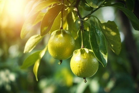 passion fruit on tree with blurred background and sunlight. generative aiの素材