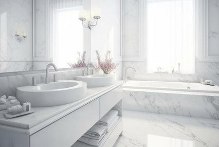 Elegant white bathroom interior with white marble. generative aiの素材